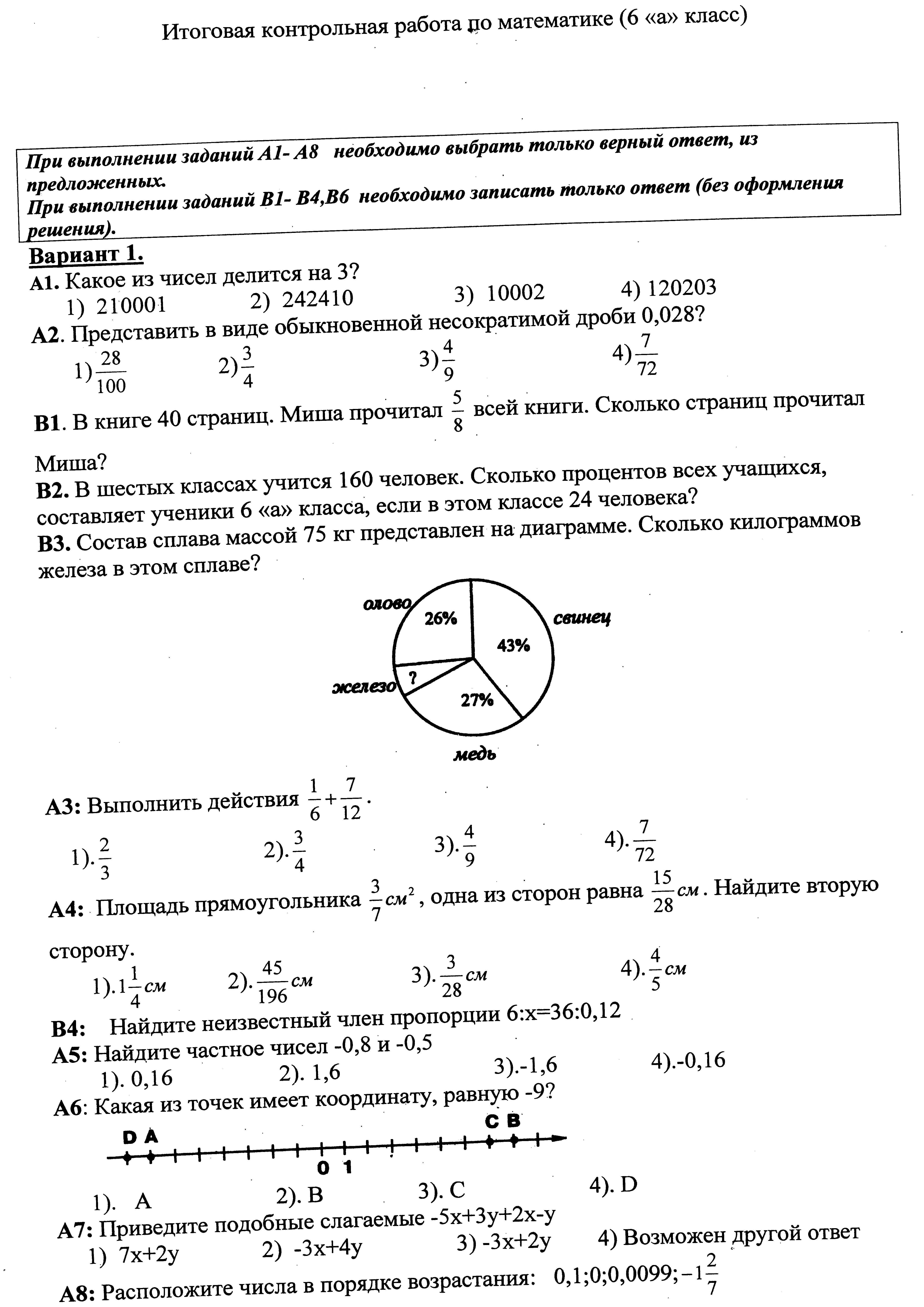 Итоговая контрольная работа по математике (6 класс)