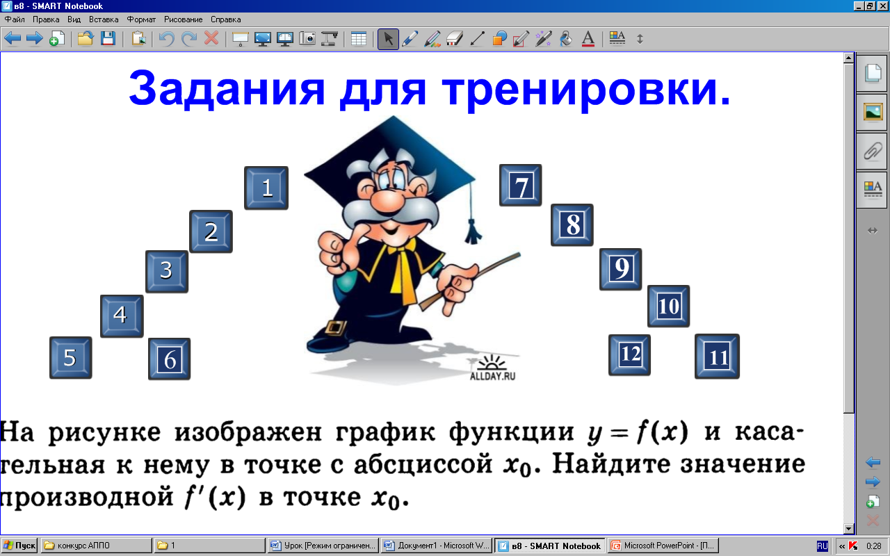 Геометрический смысл производной. Подготовка к ЕГЭ. Презентация для интреактивной доски.