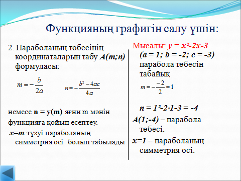 Конспект урока по математике на тему Квадраттық функция және оның графигі