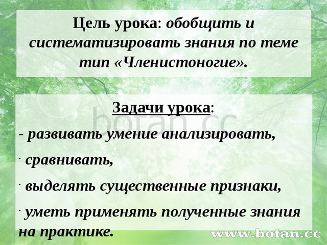 Цель урока: обобщить и систематизировать знания по теме тип «Членистоногие»....