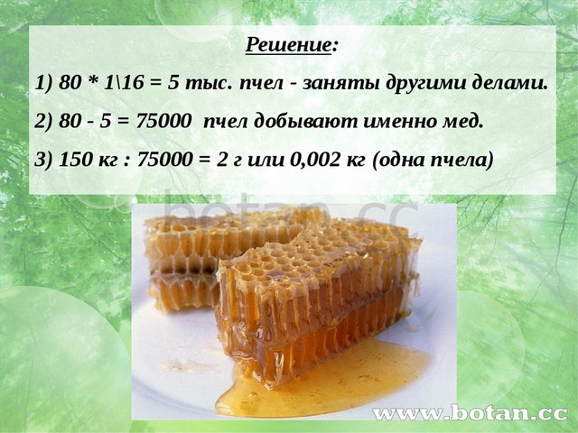 Решение: 1) 80 * 116 = 5 тыс. пчел - заняты другими делами. 2) 80 - 5 = 7500...