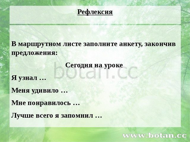 Рефлексия В маршрутном листе заполните анкету, закончив предложения: Сегодня...