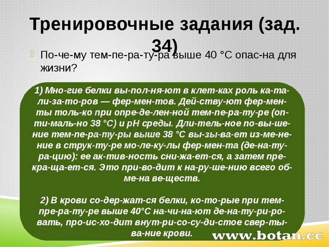 Тренировочные задания (зад. 34) По­че­му тем­пе­ра­ту­ра выше 40 °C опас­на д...