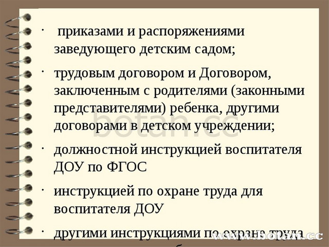 приказами и распоряжениями заведующего детским садом; трудовым договором и Д...