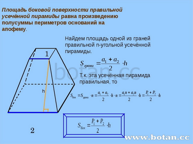 Формула полной и боковой. Площадь усеченной пирамиды четырехугольной. Площадь поверхности усеченной пирамиды формула. Площадь боковой поверхности правильной усеченной пирамиды равна. Площадь поверхности правильной усеченной пирамиды.