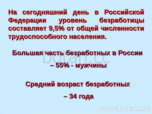 На сегодняшний день в Российской Федерации уровень безработицы составляет 9,5...