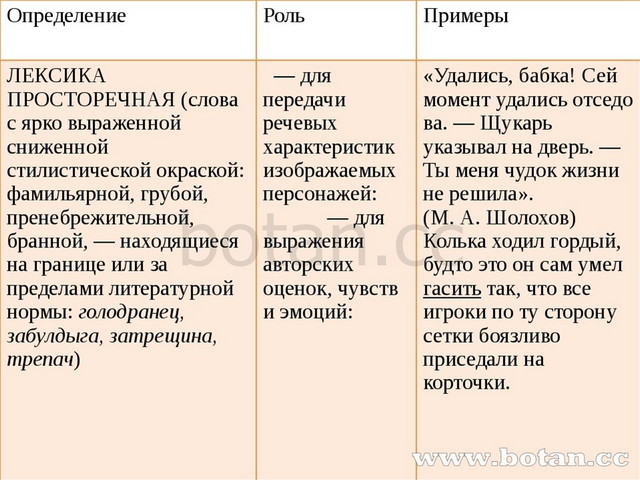 Определение Роль Примеры ЛЕКСИКА ПРОСТОРЕЧНАЯ (слова с ярко выраженной снижен...