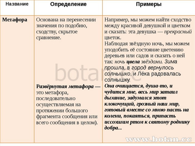 Название Определение Примеры Метафора Основана на перенесении значения по под...