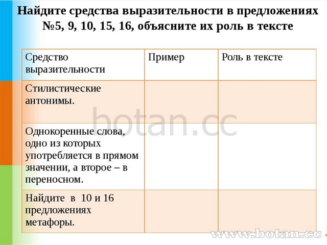 Найдите средства выразительности в предложениях №5, 9, 10, 15, 16, объясните...