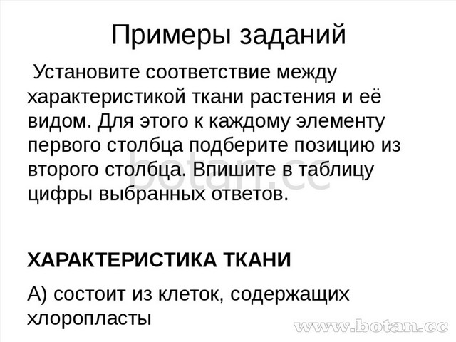 Примеры заданий Установите соответствие между характеристикой ткани растения...