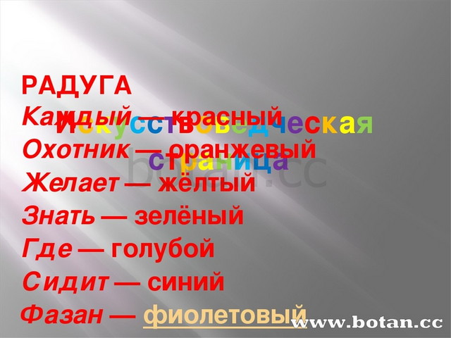 Искусствоведческая страница РАДУГА Каждый — красный Охотник — оранжевый Жела...