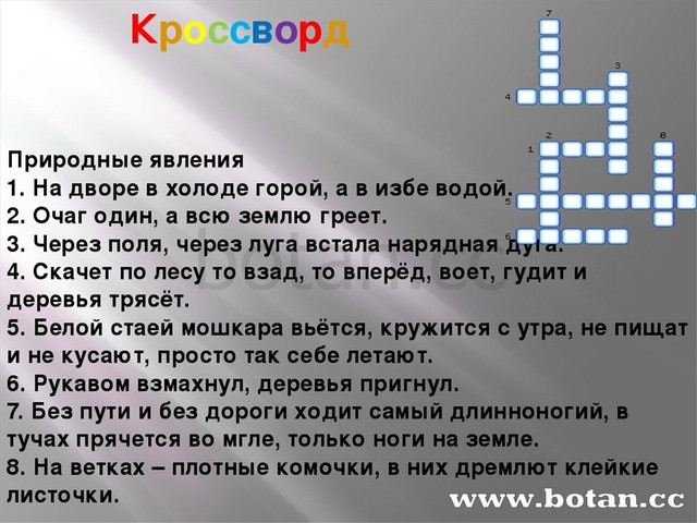 Кроссворд Природные явления 1. На дворе в холоде горой, а в избе водой. 2. Оч...