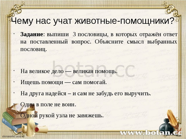 Чему нас учат животные-помощники? Задание: выпиши 3 пословицы, в которых отр...
