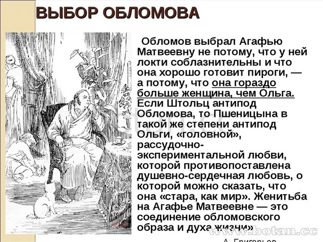 Почему Обломов выбрал в спутницы жизни Агафью Пшеницыну?