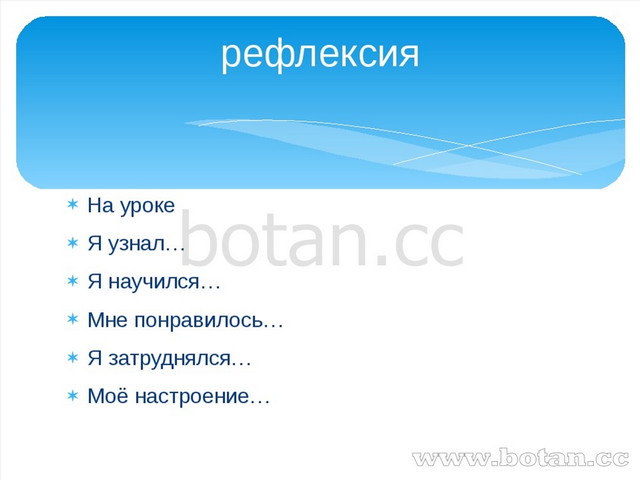 На уроке Я узнал… Я научился… Мне понравилось… Я затруднялся… Моё настроение…...