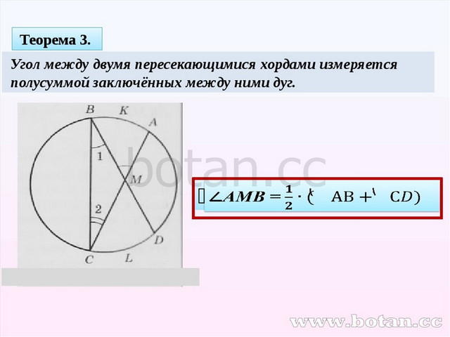 Теорема о хордах. Теорема об угле между двумя пересекающимися хордами. Угол между двумя пересекающимися хордами измеряется. Угол между двумя пересекающимися хордами равен полусумме дуг. Угол между двумя пересекающимся хордами измеряется полусуммой.